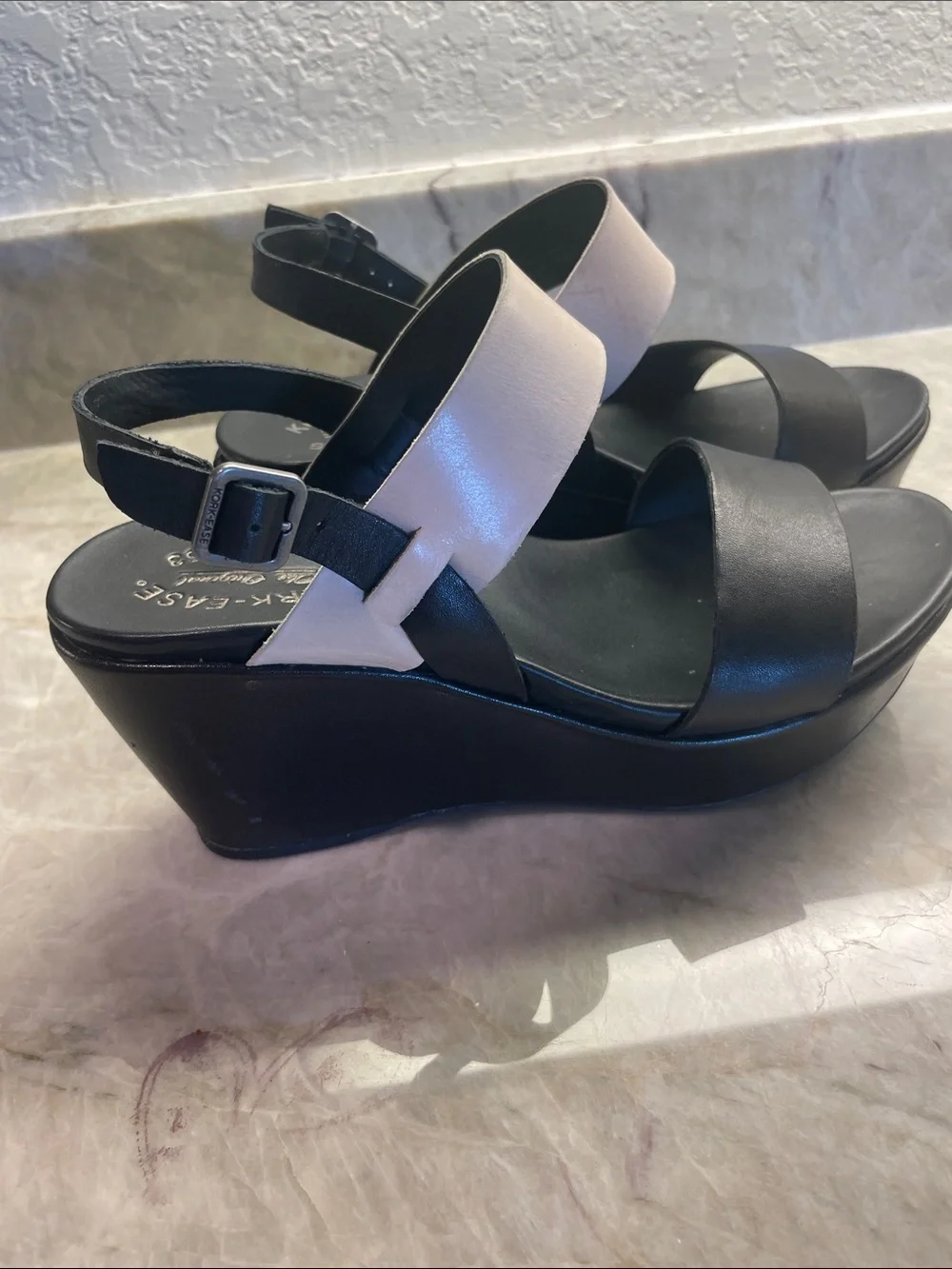 Kork-ease Women's Black and Light Creme Wedge Sandals